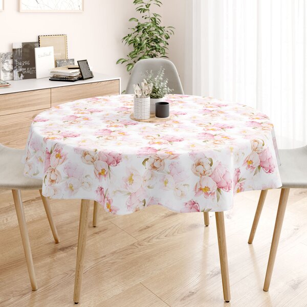 Goldea față de masă 100% bumbac deluxe - flori de bujor înfloriți - rotundă Ø 120 cm