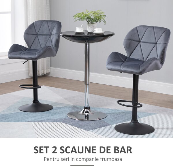 HOMCOM Set de 2 Scaune de Bar cu Înălțime Reglabilă, Bază Metalică și Șezut din Catifea, 51.5x57.5x93-114.5 cm, Gri | Aosom Romania