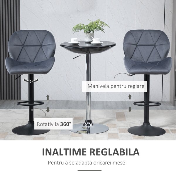 HOMCOM Set de 2 Scaune de Bar cu Înălțime Reglabilă, Bază Metalică și Șezut din Catifea, 51.5x57.5x93-114.5 cm, Gri | Aosom Romania