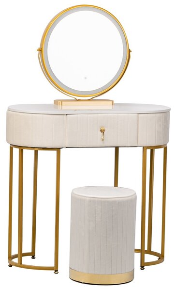 Set Bohemia, Masă de toaletă pentru machiaj cu oglindă iluminată LED, control touch, sertar, taburet, Bej, 80x40x75 cm