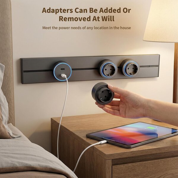Sina modulara prize onuvio® 100cm, 8000w, 7 adaptoare (6x priza eu cu impamantare + 1x usb + type-c), montaj perete/blat, sistem premium birou/bucatarie, negru