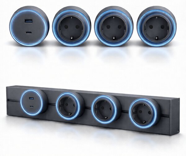 Sina modulara prize onuvio® 50cm, 8000w, 4 adaptoare (3x priza eu cu impamantare + 1x usb + type-c), montaj perete/blat, sistem premium birou/bucatarie, gri