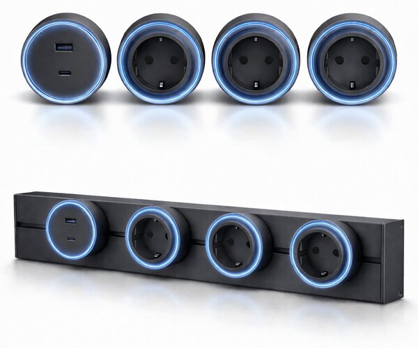 Sina modulara prize onuvio® 50cm, 8000w, 4 adaptoare (3x priza eu cu impamantare + 1x usb + type-c), montaj perete/blat, sistem premium birou/bucatarie, negru