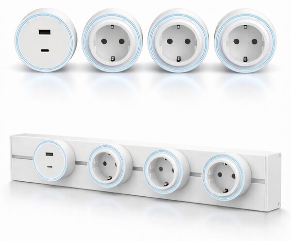 Sina modulara prize onuvio® 50cm, 8000w, 4 adaptoare (3x priza eu cu impamantare + 1x usb + type-c), montaj perete/blat, sistem premium birou/bucatarie, alb