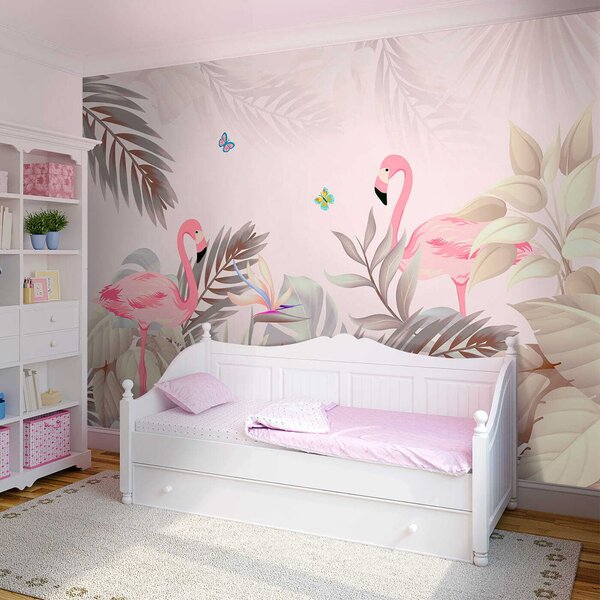 Fototapet Flamingo roz și flori, Fototapet designer, Fototapet populare, u46459 - Tapeko.ro