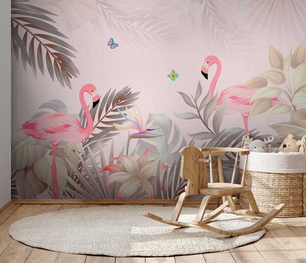 Fototapet Flamingo roz și flori, Fototapet designer, Fototapet populare, u46459 - Tapeko.ro