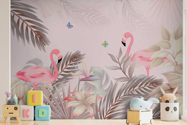 Fototapet Flamingo roz și flori, Fototapet designer, Fototapet populare, u46459 - Tapeko.ro