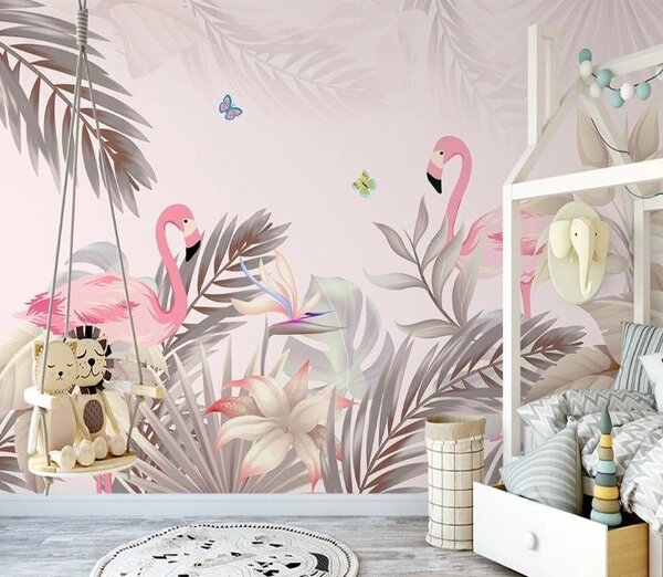 Fototapet Flamingo roz și flori, Fototapet designer, Fototapet populare, u46459 - Tapeko.ro