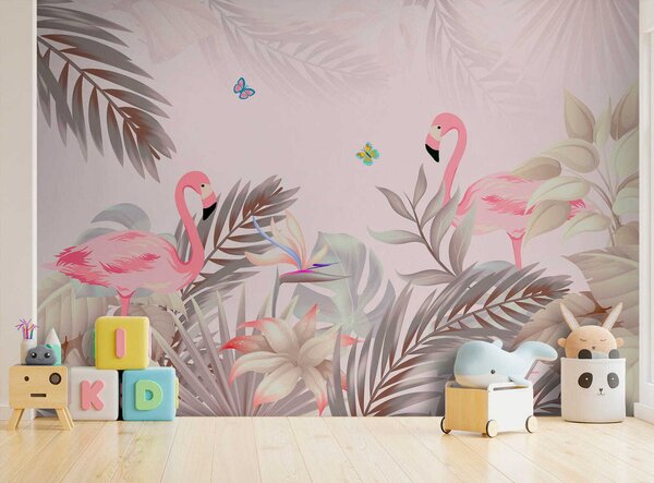 Fototapet Flamingo roz și flori, Fototapet designer, Fototapet populare, u46459 - Tapeko.ro