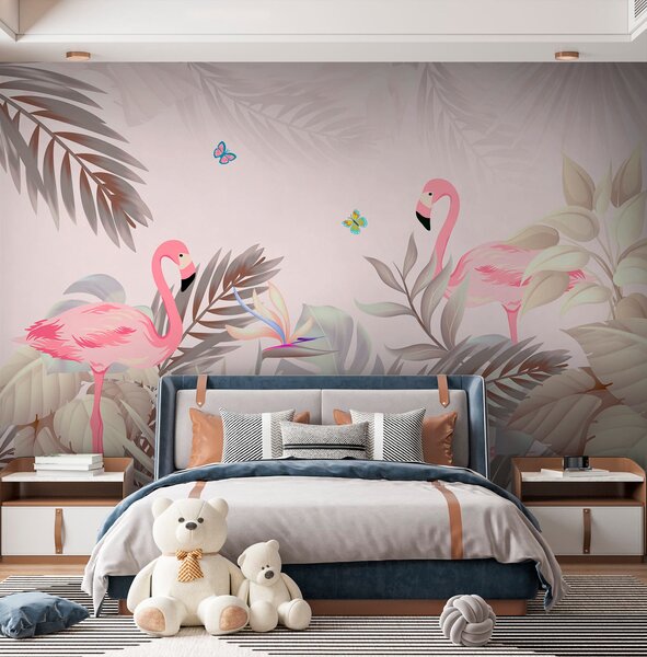 Fototapet Flamingo roz și flori, Fototapet designer, Fototapet populare, u46459 - Tapeko.ro