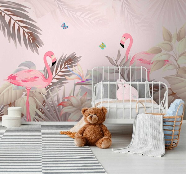 Fototapet Flamingo roz și flori, Fototapet designer, Fototapet populare, u46459 - Tapeko.ro