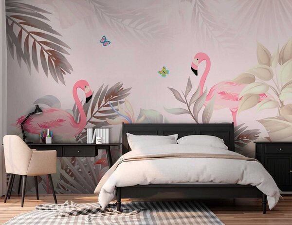 Fototapet Flamingo roz și flori, Fototapet designer, Fototapet populare, u46459 - Tapeko.ro