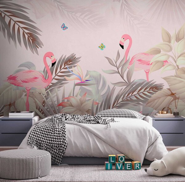Fototapet Flamingo roz și flori, Fototapet designer, Fototapet populare, u46459 - Tapeko.ro