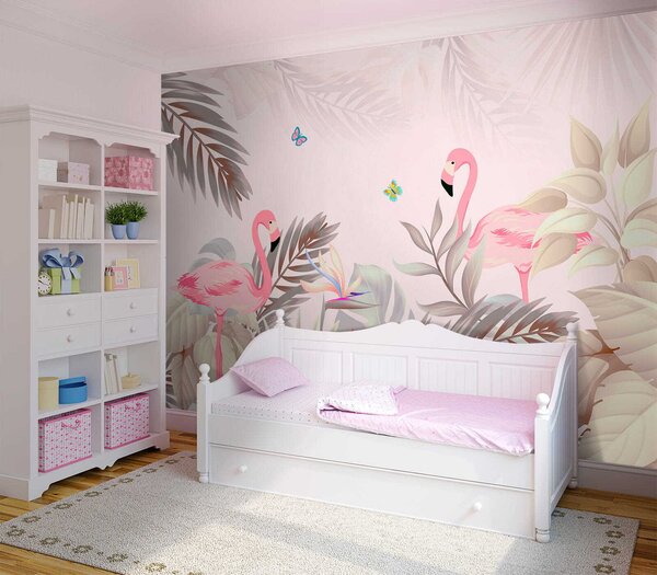 Fototapet Flamingo roz și flori, Fototapet designer, Fototapet populare, u46459 - Tapeko.ro