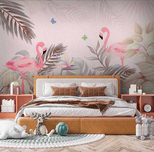 Fototapet Flamingo roz și flori, Fototapet designer, Fototapet populare, u46459 - Tapeko.ro