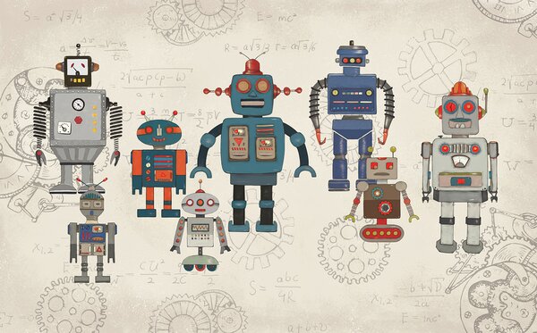 Fototapet Grup de roboți cu ecuații matematice, Fototapet copii, Fototapet populare, u46535 - Tapeko.ro