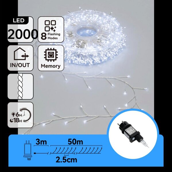 Aigostar - Instalație luminoasă de Crăciun LED pentru exterior 2000xLED/8 funcții 53 m IP44 alb rece
