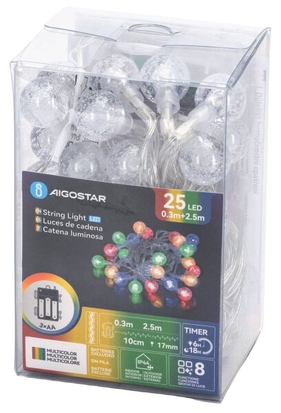 Aigostar - Ghirlandă de Crăciun pentru exterior cu 25 LED, 8 funcții, 3xAA, 2,8 m, IP44, multicoloră