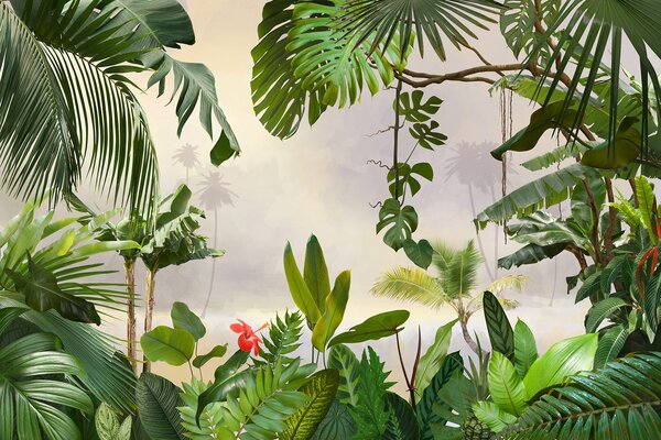 Fototapet Grup de plante cu copaci și flori, Fototapet jungle, Fototapet populare, u51863 - Tapeko.ro