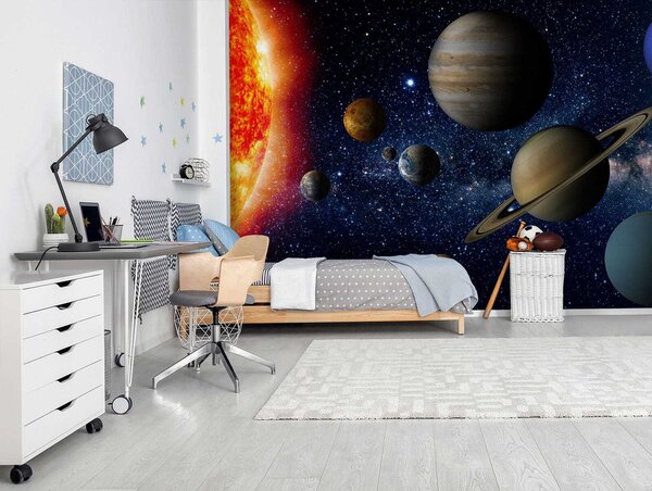 Fototapet Planete în spațiu cu stele și o stea strălucitoare, Fototapet designer, Fototapet populare, u52640 - Tapeko.ro