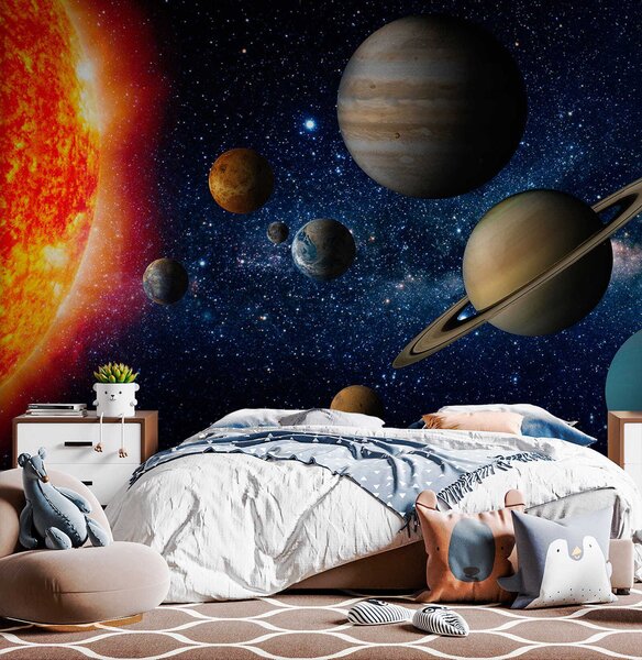 Fototapet Planete în spațiu cu stele și o stea strălucitoare, Fototapet designer, Fototapet populare, u52640 - Tapeko.ro
