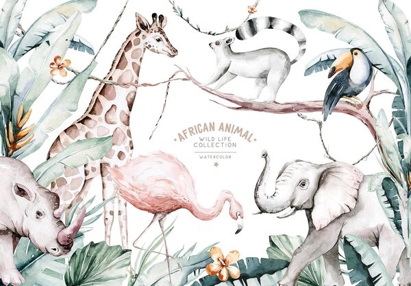 Fototapet Acuarelă ilustrare de animale și plante, Fototapet copii, Fototapet populare, u53071 - Tapeko.ro