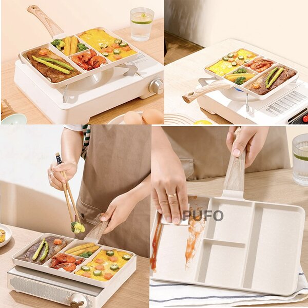 Tigaie grill Pufo Breakfast cu 4 compartimente, 27 x 18 cm, alb