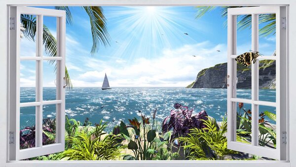 Fototapet Fereastră cu vedere la ocean și la o barcă cu pânze, Fototapet 3D, Fototapet populare, u54608 - Tapeko.ro