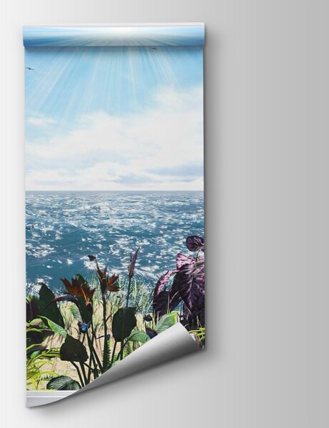 Fototapet Fereastră cu vedere la ocean și la o barcă cu pânze, Fototapet 3D, Fototapet populare, u54608 - Tapeko.ro