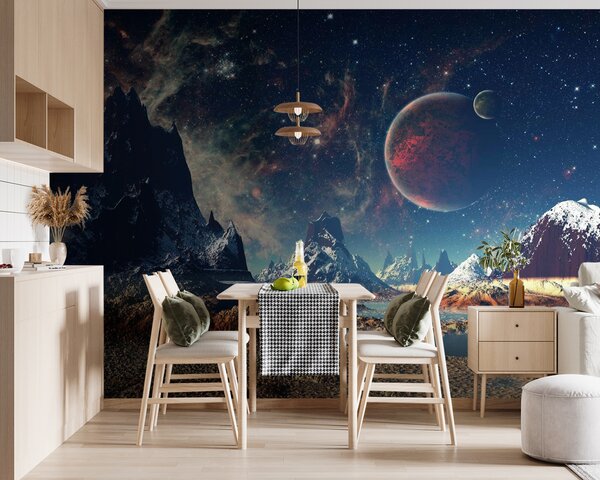 Fototapet Peisaj de munți și apă cu planete și stele, Fototapet designer, Fototapet populare, u55303 - Tapeko.ro