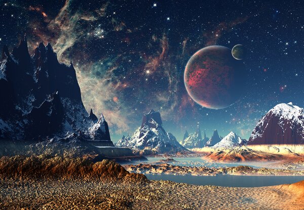 Fototapet Peisaj de munți și apă cu planete și stele, Fototapet designer, Fototapet populare, u55303 - Tapeko.ro