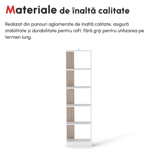 HOMCOM Bibliotecă de Perete cu 5 Rafturi și Dispozitiv Anti-Răsturnare din PAL 45x21x170 cm Alb Stejar | Aosom Romania