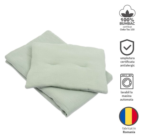 Lenjerie patut cosleeper din muselina dubla 90x50 cm Kidizi mint, include cearceaf, perna si pilota