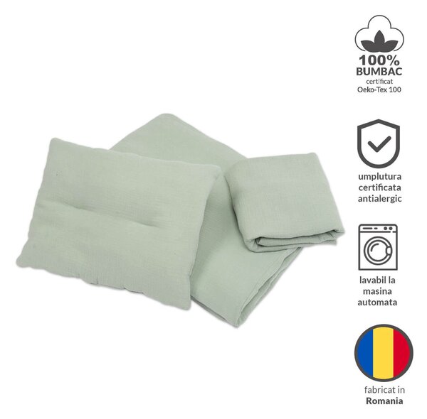Lenjerie patut din muselina dubla 120x60 cm Kidizi mint, include cearceaf, perna, husa pilota si pilota