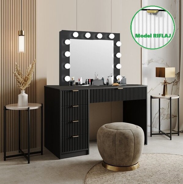 SEN22 - Set Masa Neagra toaleta cu riflaje, 120 cm, cosmetica, masuta machiaj, oglinda cu LED, cu sau fara scaun