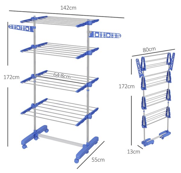 HOMCOM Suport Vertical de Uscare, Suport Pliabil de Uscare cu 6 Roți și 4 Rafturi Reglabile, 142x55x172 cm, Alb și Argintiu | Aosom Romania