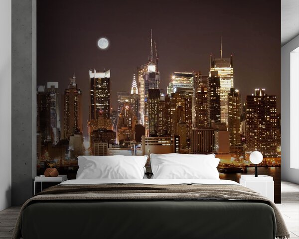 Fototapet Linia orizontului orașului pe timp de noapte cu luna pe cer, Fototapet skyline, Fototapet populare, u57923 - Tapeko.ro