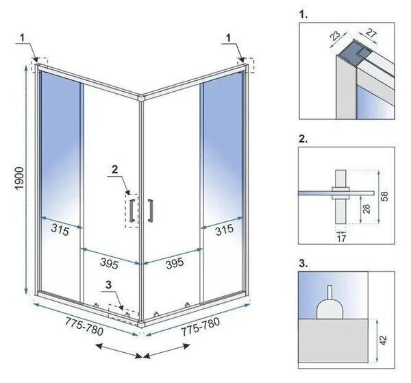 Rea City, cabina de dus cu usa culisanta 80x80cm, sticla transparenta 5/4mm, profil auriu, REA-K6444