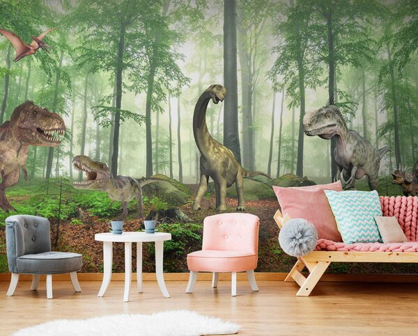 Fototapet Grup de dinozauri într-o pădure, Fototapet copii, Fototapet populare, u60039 - Tapeko.ro