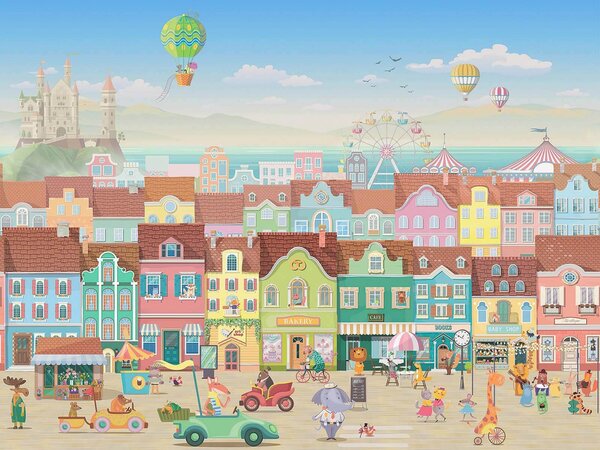 Fototapet Oraș de desene animate, cu multe clădiri și o roată mare, Fototapet copii, Fototapet populare, u60021 - Tapeko.ro