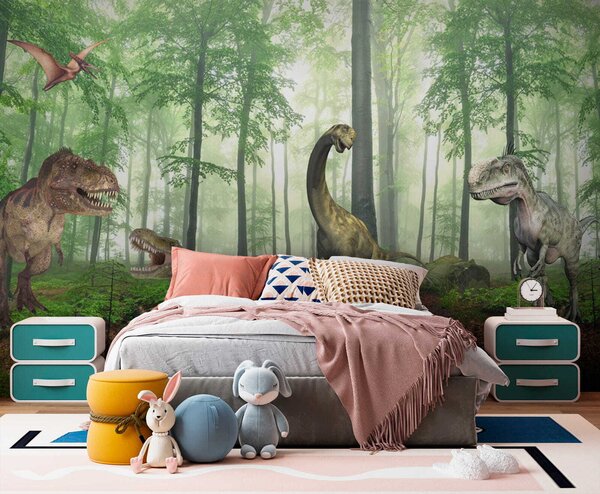 Fototapet Grup de dinozauri într-o pădure, Fototapet copii, Fototapet populare, u60039 - Tapeko.ro