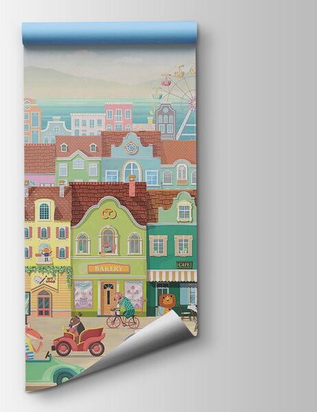 Fototapet Oraș de desene animate, cu multe clădiri și o roată mare, Fototapet copii, Fototapet populare, u60021 - Tapeko.ro