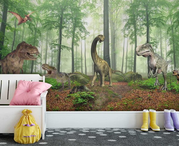 Fototapet Grup de dinozauri într-o pădure, Fototapet copii, Fototapet populare, u60039 - Tapeko.ro