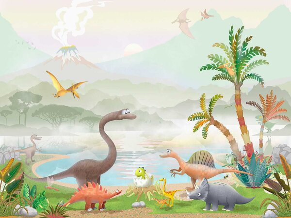 Fototapet Grup de dinozauri lângă un lac, Fototapet copii, Fototapet populare, u60040 - Tapeko.ro