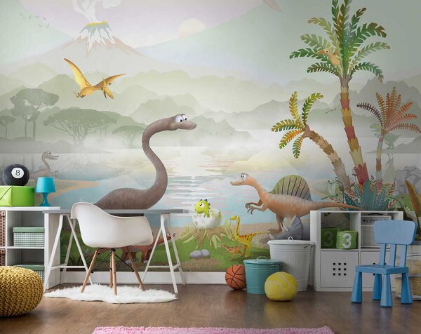 Fototapet Grup de dinozauri lângă un lac, Fototapet copii, Fototapet populare, u60040 - Tapeko.ro