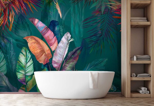 Fototapet Frunze și păsări tropicale colorate, Fototapet acuarelă, Fototapet populare, u60120 - Tapeko.ro