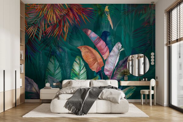 Fototapet Frunze și păsări tropicale colorate, Fototapet acuarelă, Fototapet populare, u60120 - Tapeko.ro