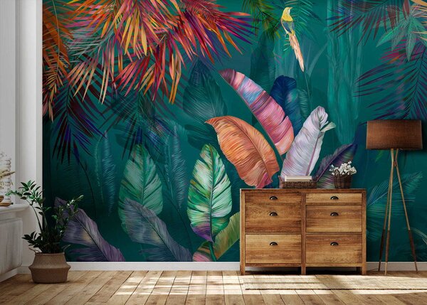 Fototapet Frunze și păsări tropicale colorate, Fototapet acuarelă, Fototapet populare, u60120 - Tapeko.ro