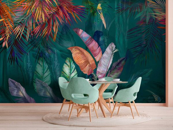 Fototapet Frunze și păsări tropicale colorate, Fototapet acuarelă, Fototapet populare, u60120 - Tapeko.ro