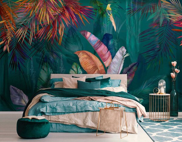 Fototapet Frunze și păsări tropicale colorate, Fototapet acuarelă, Fototapet populare, u60120 - Tapeko.ro